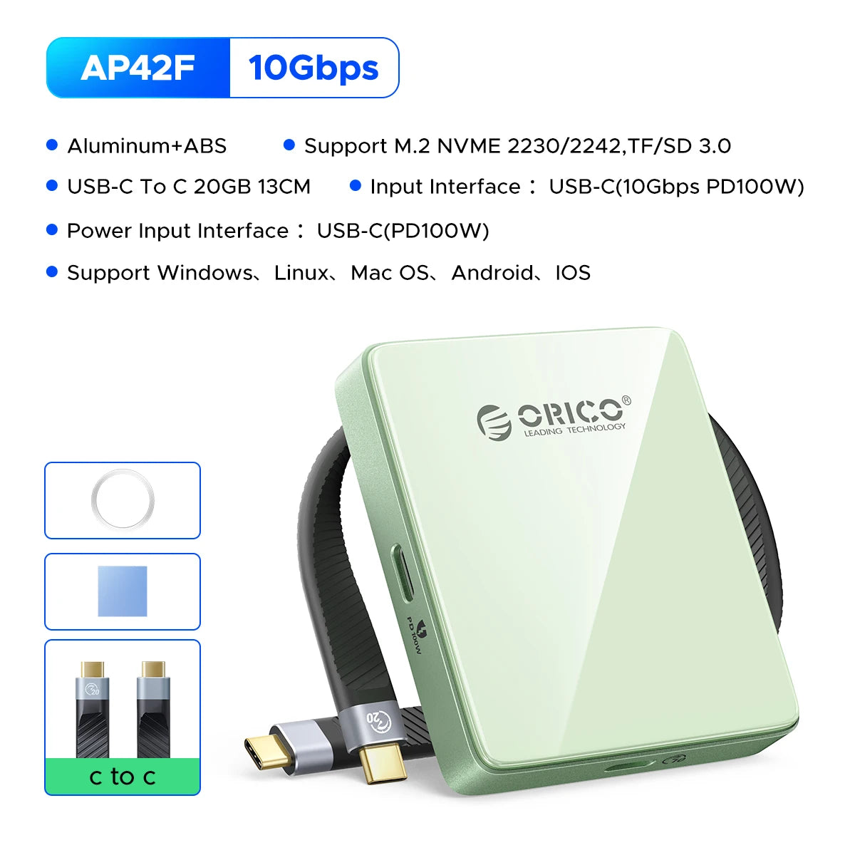ORICO Magnetic M.2 2230/2242 NVMe SSD Enclosure for iPhone 4K ProRes Recording ith SD/TF 3.0 Card Reader PD100W Charging Port