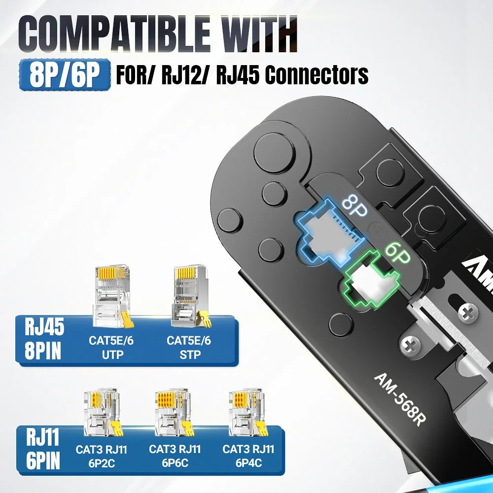AMPCOM rj45 crimper RJ11 RJ45 Crimping Tool Ethernet Network LAN Cable Crimper Cutter Stripper Plier for 6P 8P RJ-11/RJ-12 RJ-45