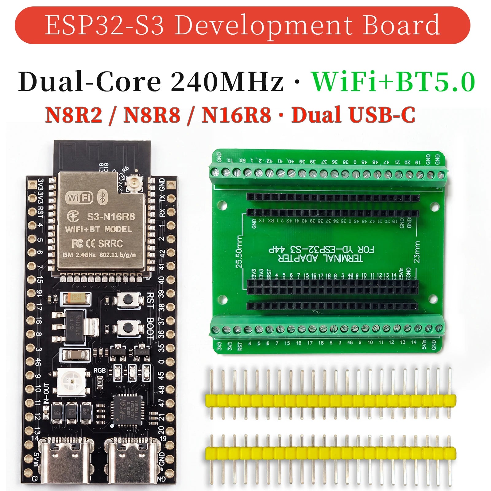ESP32-S3 Development Board WiFi Bluetooth 5.0 Dual-Core 240MHz N16R8 N8R8 8MB PSRAM Dual USB-C 44PIN Adapter for MicroPython IoT