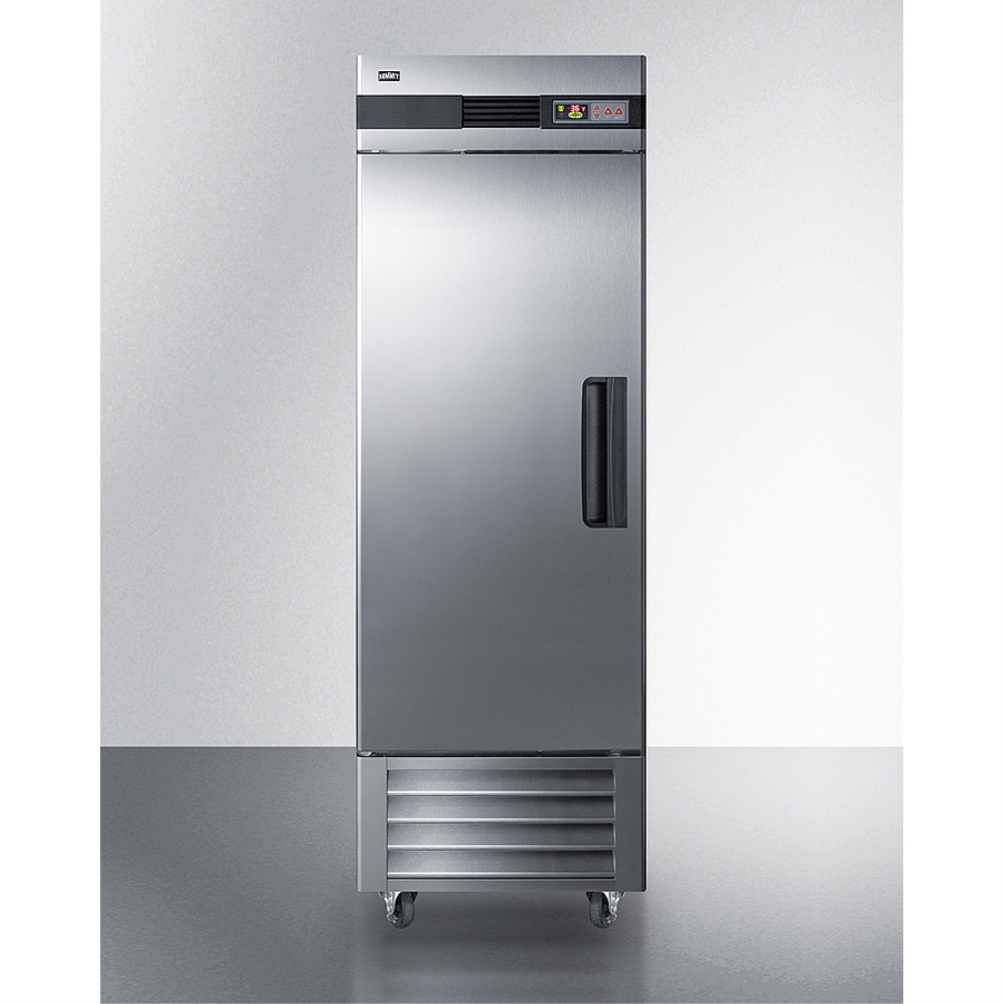 Commercially approved 23 cu.ft. reachin refrigerator in complete stainless steel, left hand door swing