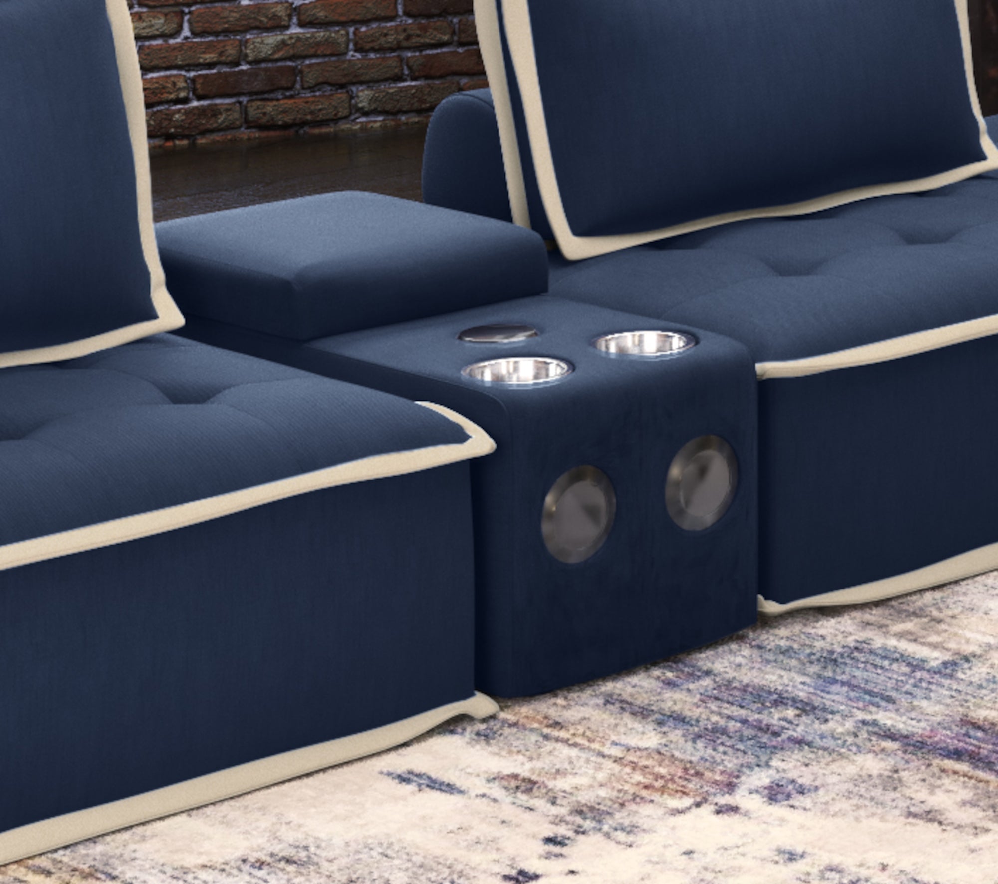 Sunset Trading Pixie Speaker Console | Modular Voice Bluetooth Usb Outlets Storage Cupholders | Navy Fabric