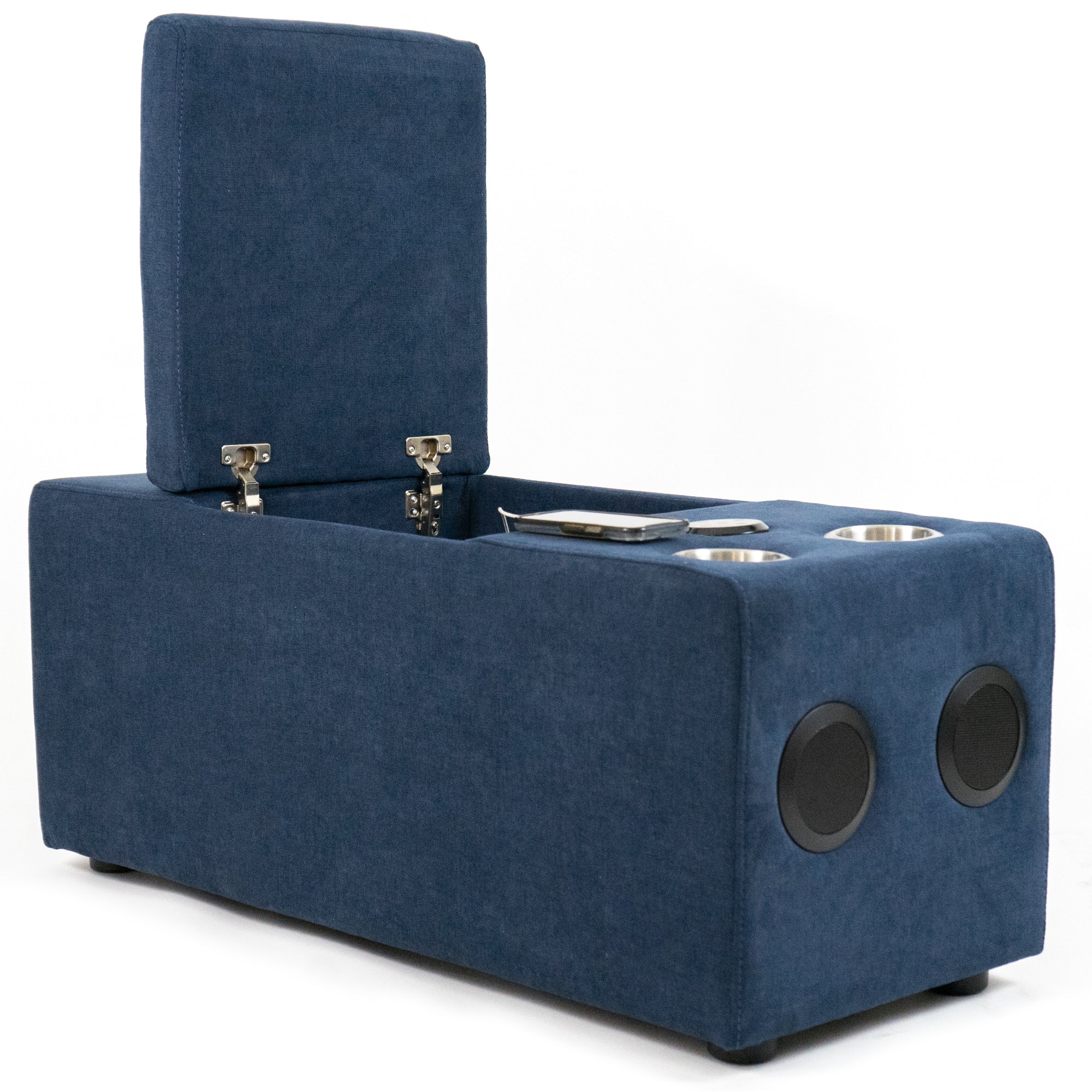 Sunset Trading Pixie Speaker Console | Modular Voice Bluetooth Usb Outlets Storage Cupholders | Navy Fabric