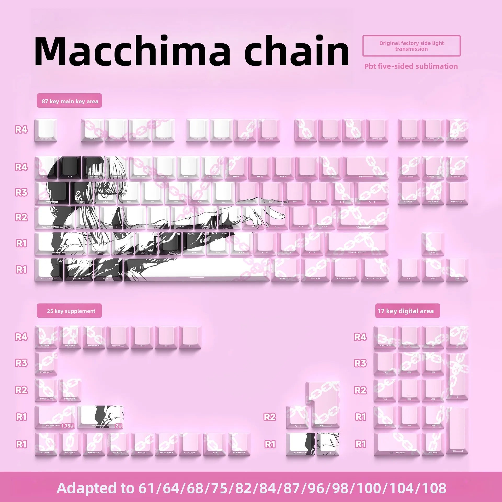 Chains Makima-style Keycaps - Original Height Side-printed Translucent PBT Keycaps, Compatible with 60%/68%/75% Keyboards