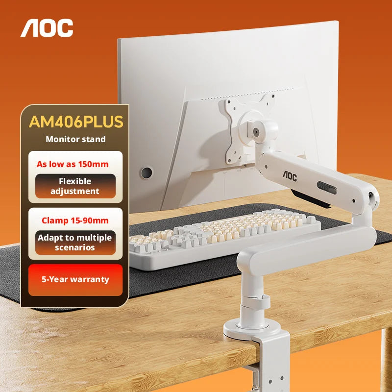 AOC AM406PLUS Premium Aluminum Adjustable Single Monitor Mount Desktop Bracket Display Arm Holder Desktop Clamp Stand Home Office Monitor Stand
