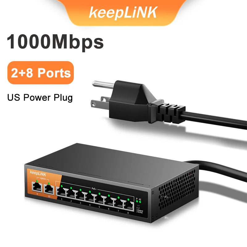 KeepLiNK 10-Port Gigabit Switch with 8-PoE and 2-RJ45 for Uplink Unmanaged Plug and Play