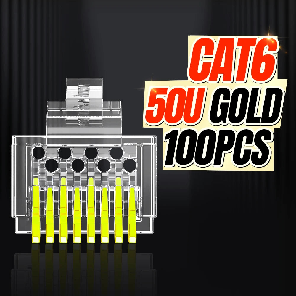 AMPCOM RJ45 Connector Pass Through CAT6 CAT5E Modular Plug Network Ends UTP 3U 50u Gold Plated 8P8C Crimp End for Ethernet Cable