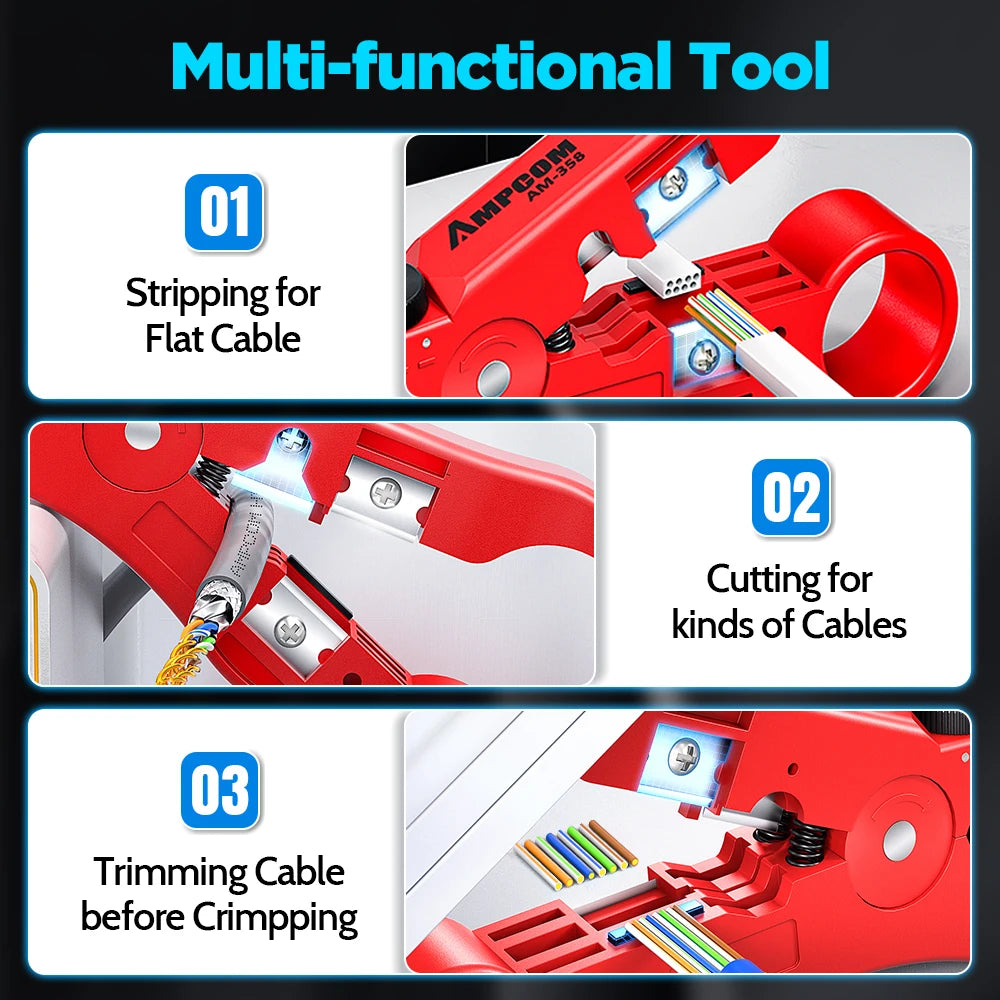 AMPCOM Multi-Function Cable Stripper Tool for Coaxial/Round/Flat Wires, Wire Stripper & Cutter with Compression