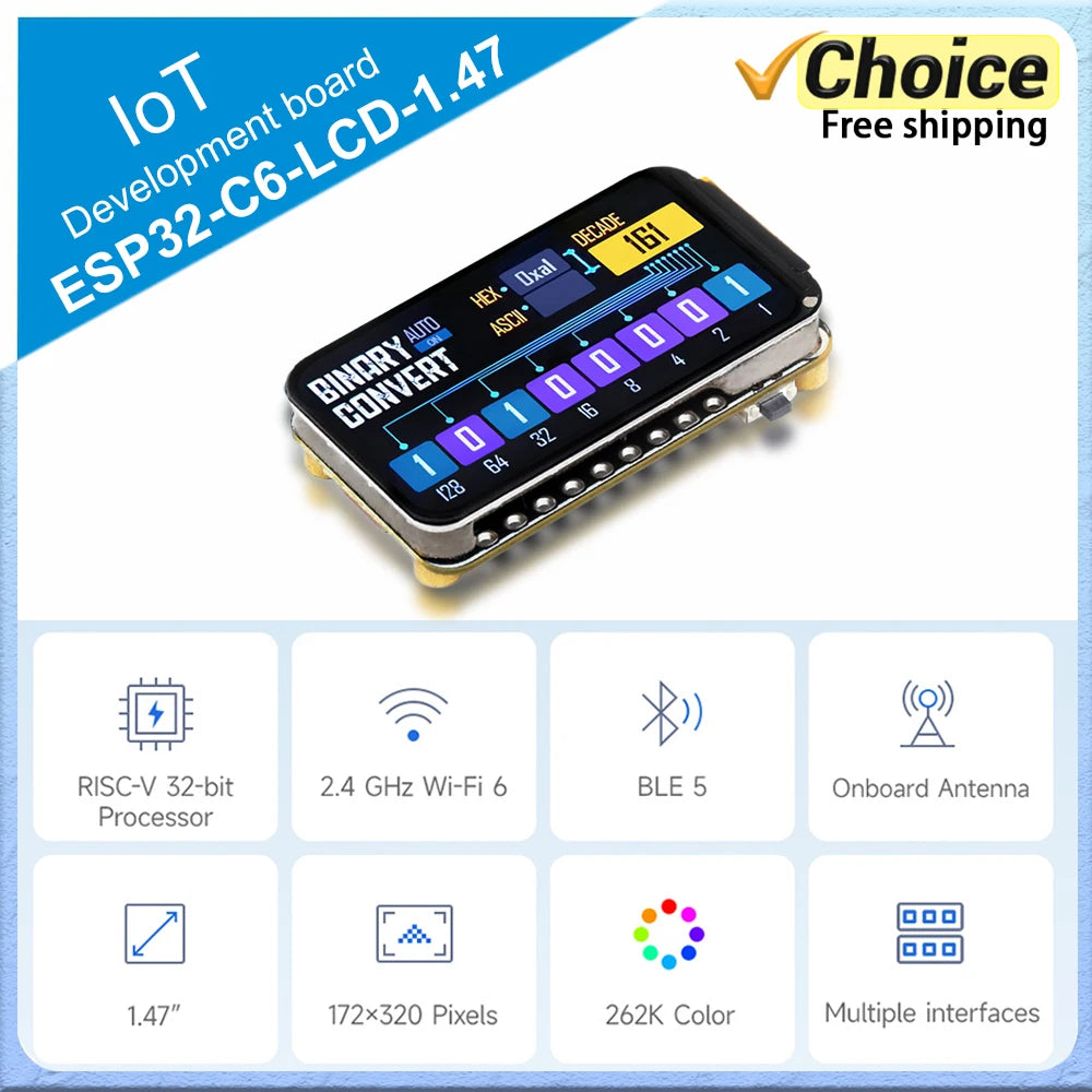 ESP32-C6 IoT Development Board Module LCD 1.47" Screen 2.4GHz WiFi6 & BlE 5.0,for Arduino IoT Intelligent system