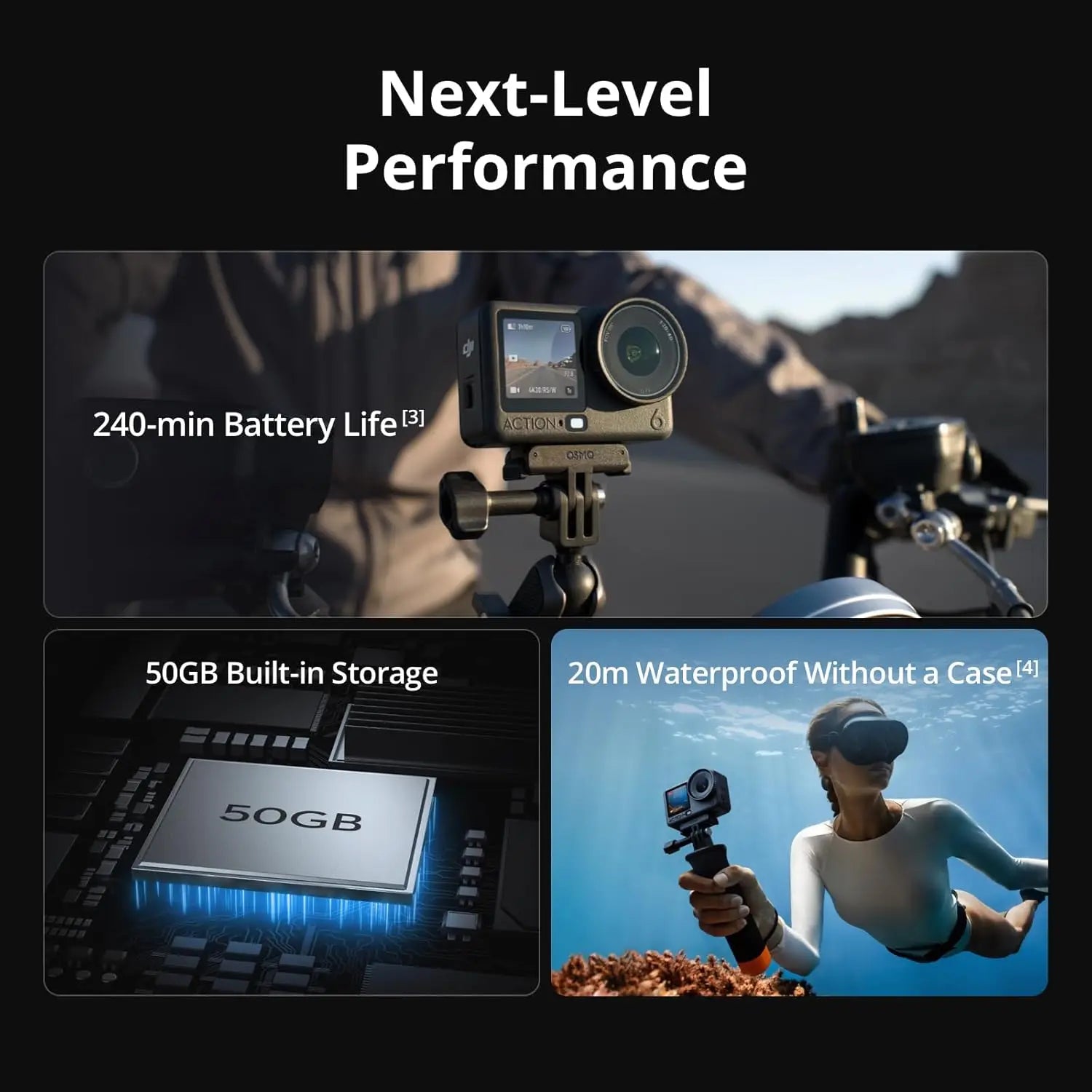 Open Box-DJI Osmo Action 4,Action 5,Action 6 Combo 8K Action Camera 1/1.1" Square Sensor Variable Aperture F/2.0-f/4.0 Rocksteady 3.0 Cold-Resistant 4hrs Battery 50GB Storage Vlogging Camera