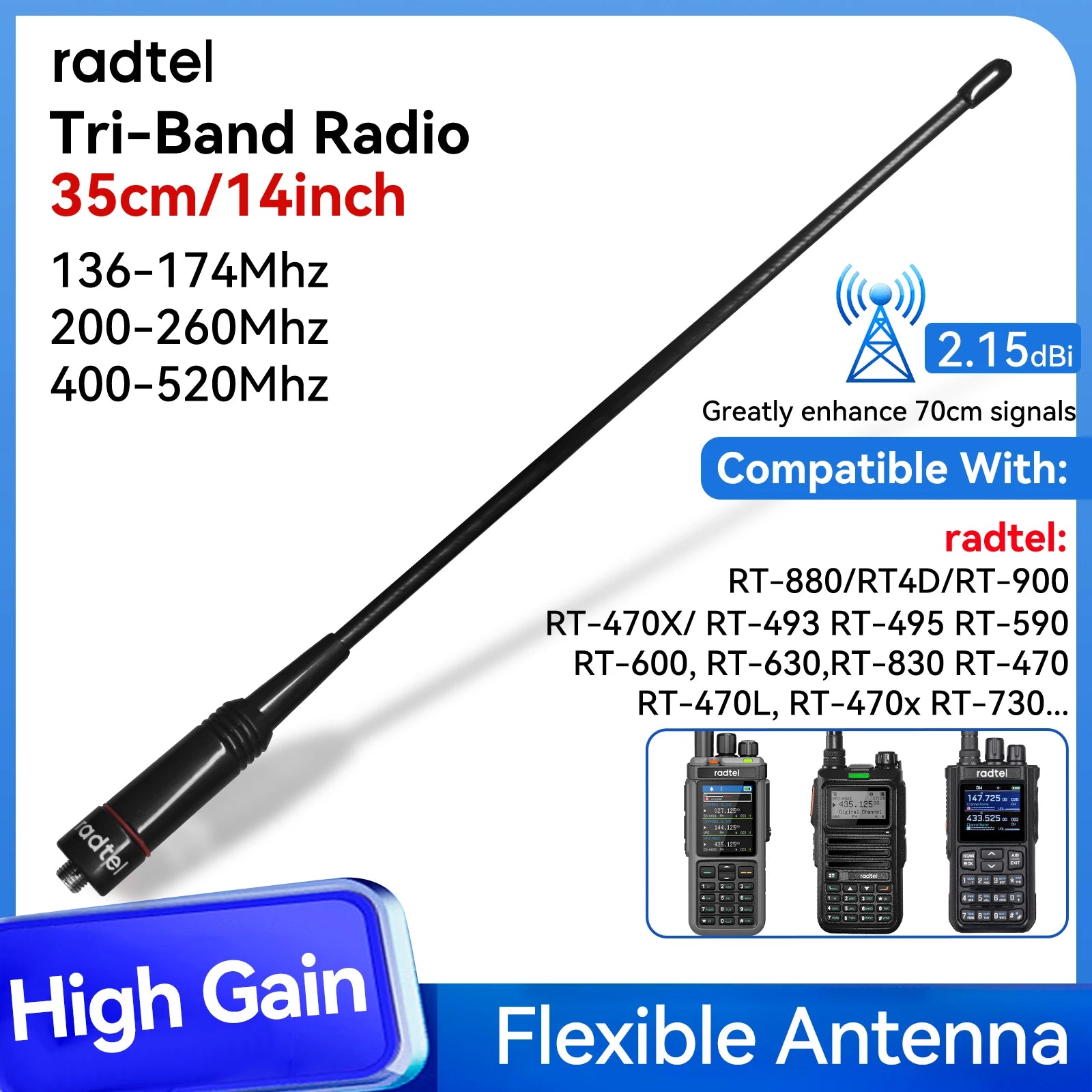 Tri-Band Flex Antenna 144//220/430MHz or Dual Band 137-173MHz/350-390MHz or 400-480MHz/245MHz for Rt-4D Rt-470 Rt-860 Rt-920