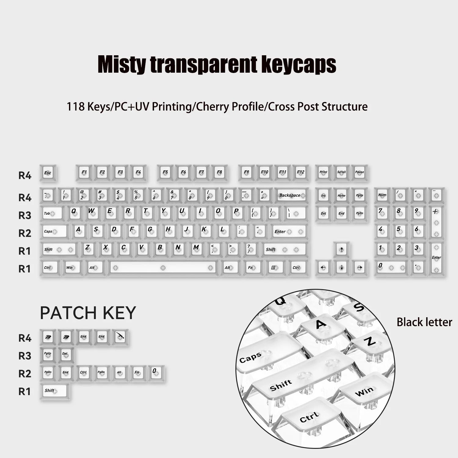 130 Keys Black Full Transparent PC Keycaps UV Printing Clear Crystal Key Caps Cherry Profile for MX Switches Gaming Keyboard