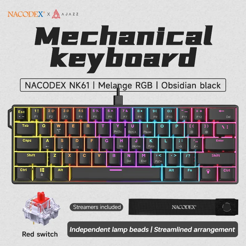 AJAZZ NK61 Wired Mechanical Keyboard, Mixed Backlight, Compact Mini Layout, Detachable USB-C Cable, Keycap Puller Included