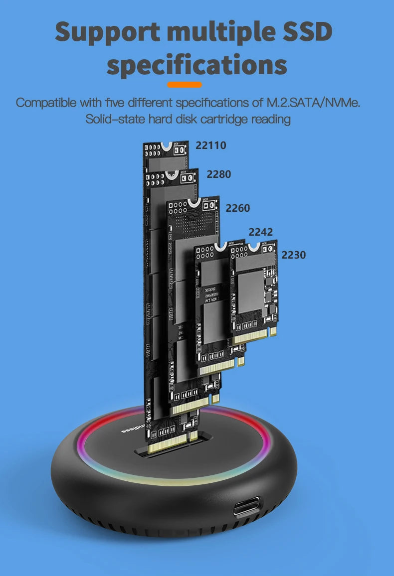 Blueendless Dual Protocol SSD M.2 Docking Station RGB LED Light M.2 SATA USB C SSD Case NVME+NGFF HDD SSD Docking Station Solid