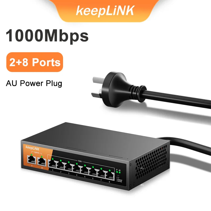 KeepLiNK 10-Port Gigabit Switch with 8-PoE and 2-RJ45 for Uplink Unmanaged Plug and Play