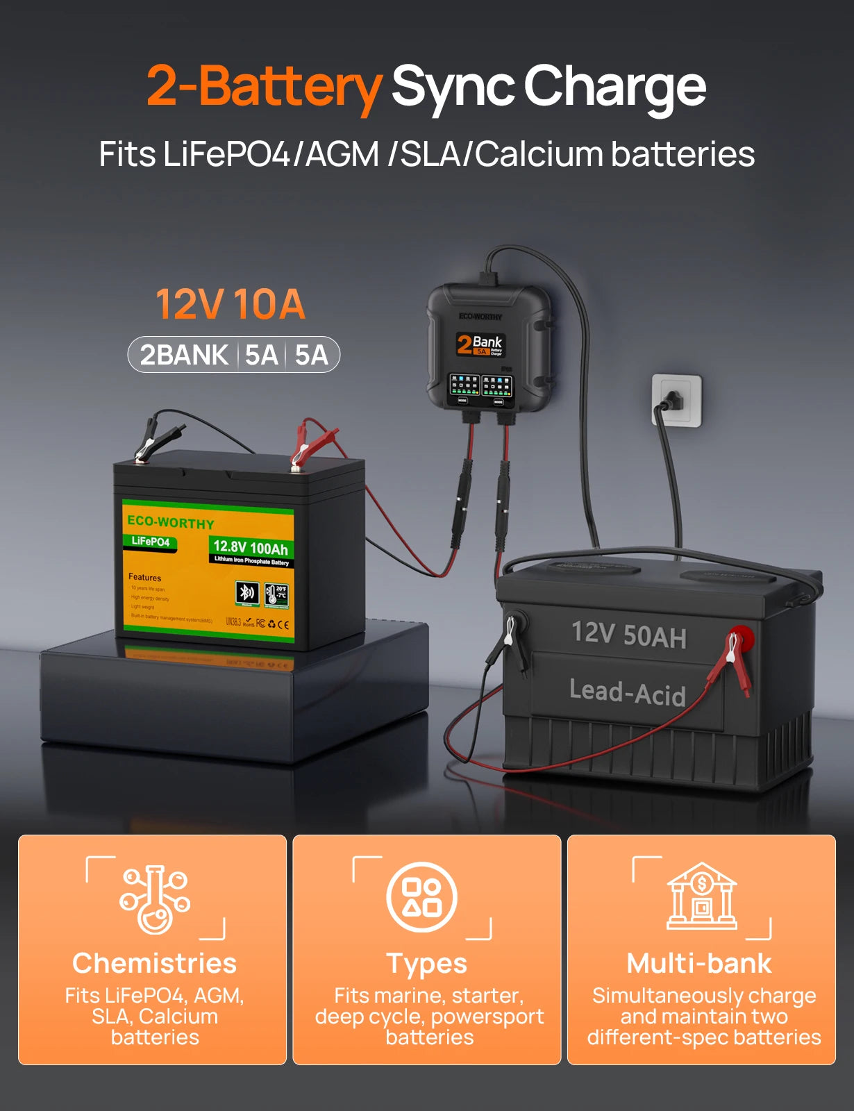 ECO-Worthy 2-Bank Marine Battery Charger 10A (5A/Bank), IP68 Waterproof 12V Charger & Maintainer for Boat RV Car