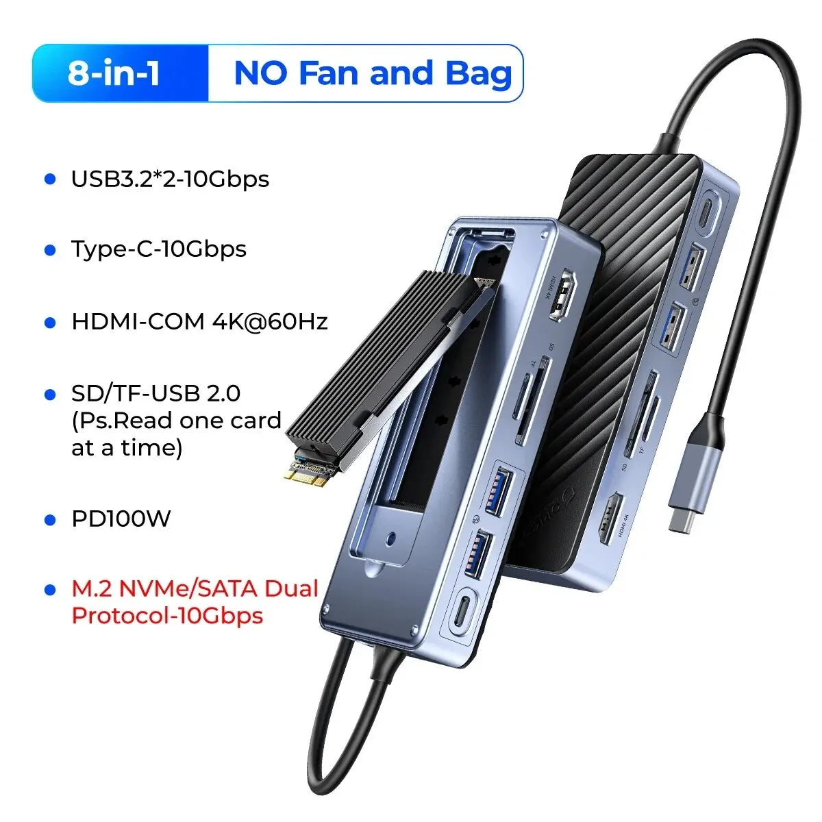 ORICO-USB C HUB with SSD Enclosure Laptop Docking Station 4K60Hz HDMI-Com 100W PD RJ45 SDTF 10Gbps M.2 NVME SATA SSD 8TB