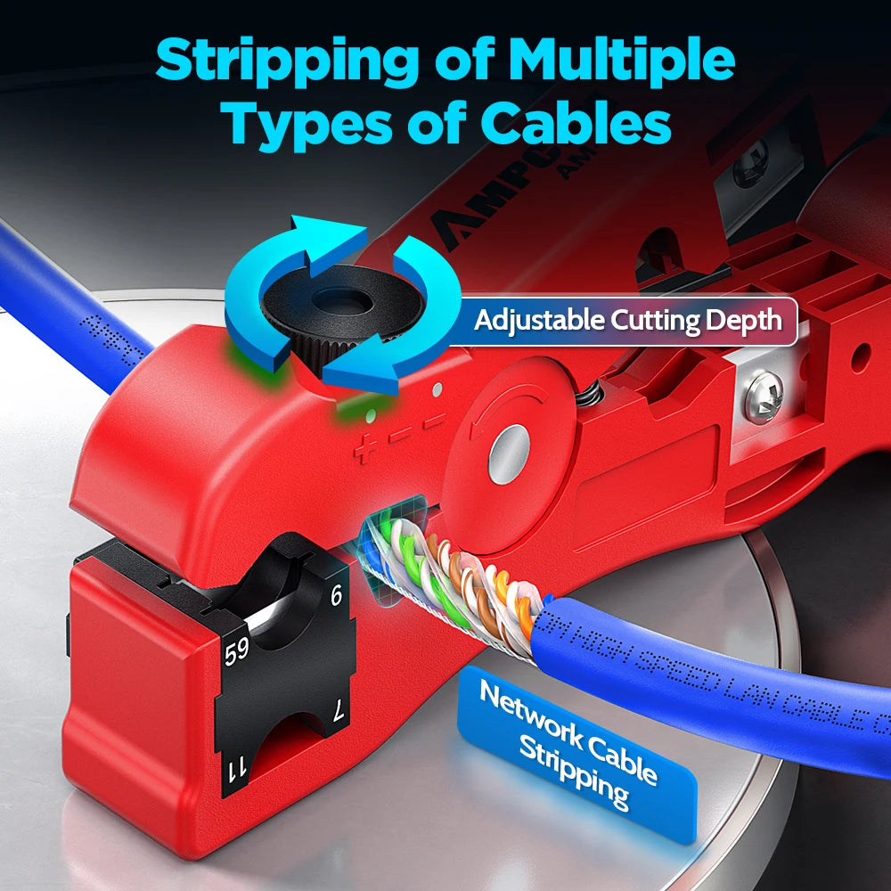 AMPCOM Multi-Function Cable Stripper Tool for Coaxial/Round/Flat Wires, Wire Stripper & Cutter with Compression