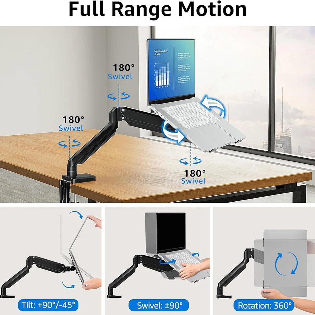 Aluminum Desktop Mount Fully Adjustable Laptop Desk Mount 2-9kg Gas Spring Arm Up To 17.3 Inch Laptop Tray Desktop Stand Clamp