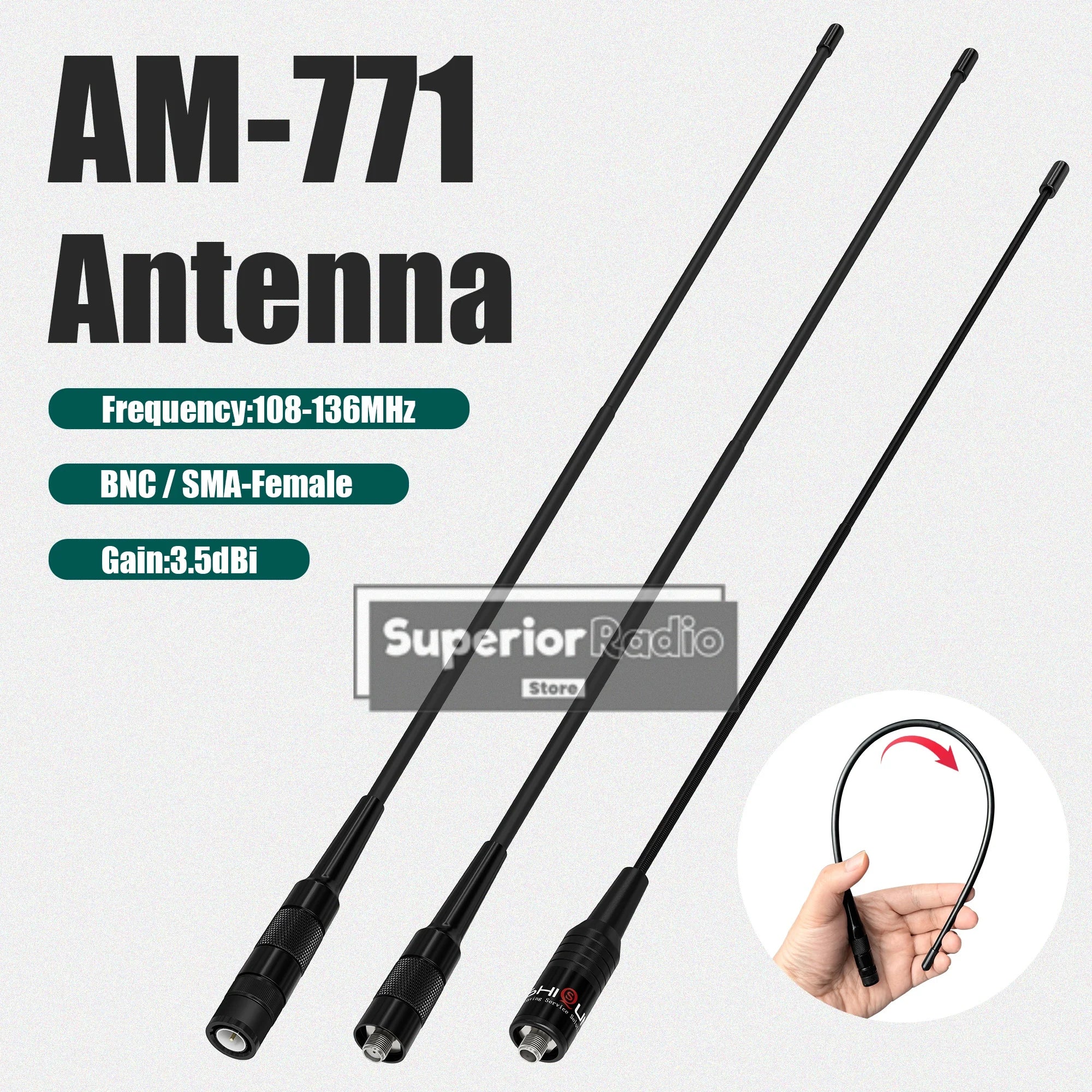 Walkie Talkie AM-771 Air Band Antenna 108-136Mhz BNC Connector For IC-A6 IC-A25 IC-A16 FTA-550L Radio SMA-F For DM-32 UV-K6 UVK5