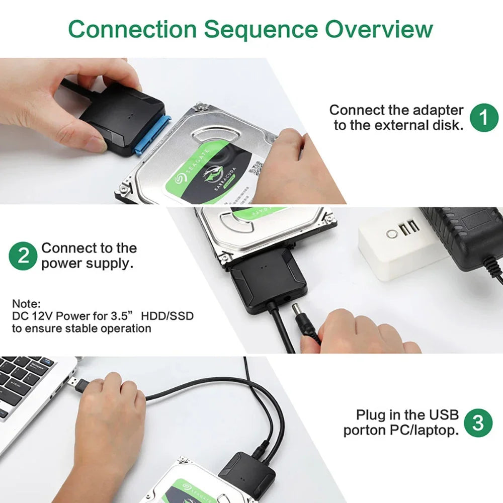 SATA To USB 3.0 Adapter Cable for 2.5/3.5 Inch SSD HDD SATA III Hard Drive Disk Converter Support UASP with 12V Power Adapter
