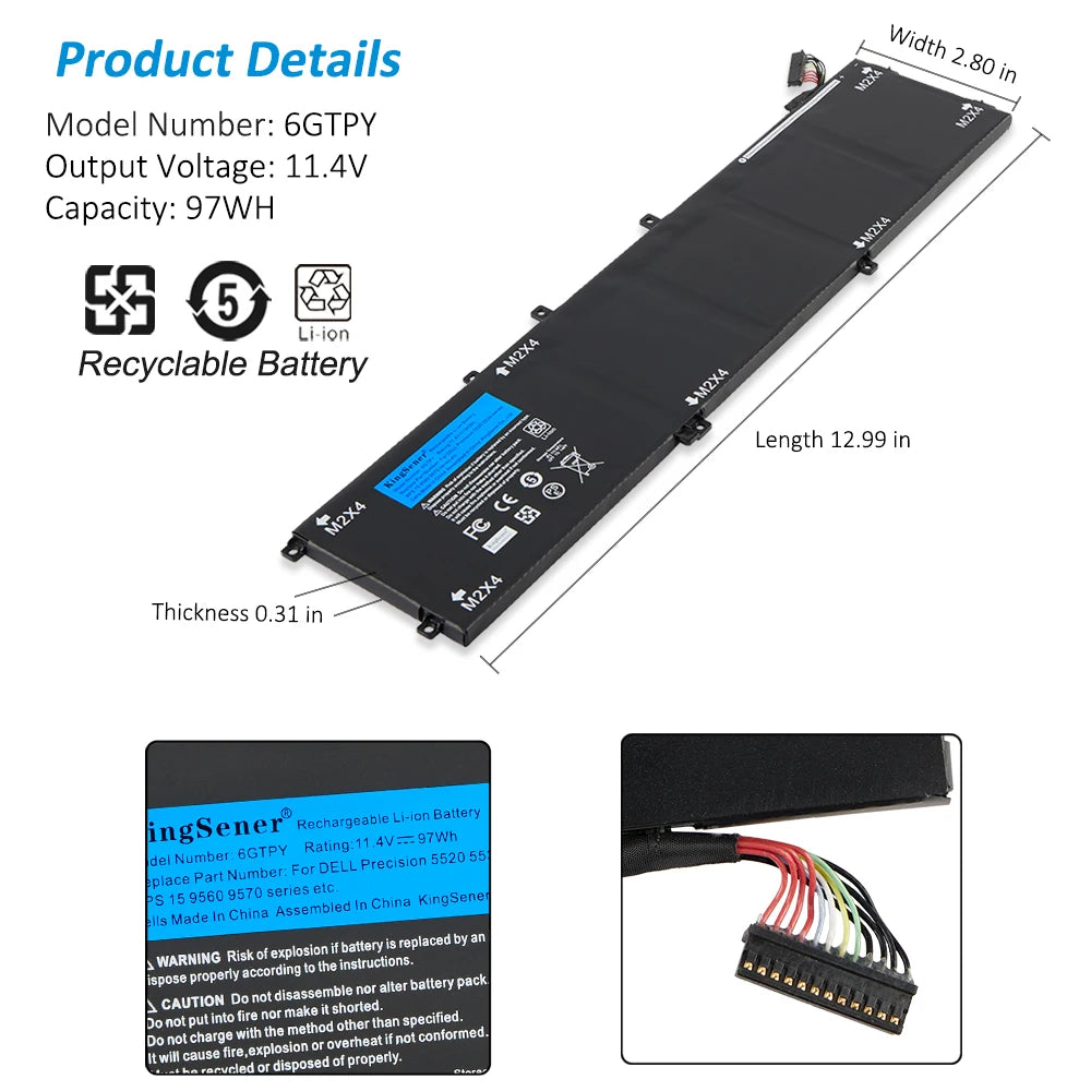 KingSener New 6GTPY 11.4V 97WH Laptop Battery For DELL XPS 15 9570 9560 7590 For DELL Precision 5520 5530 Series Notebook H5H20