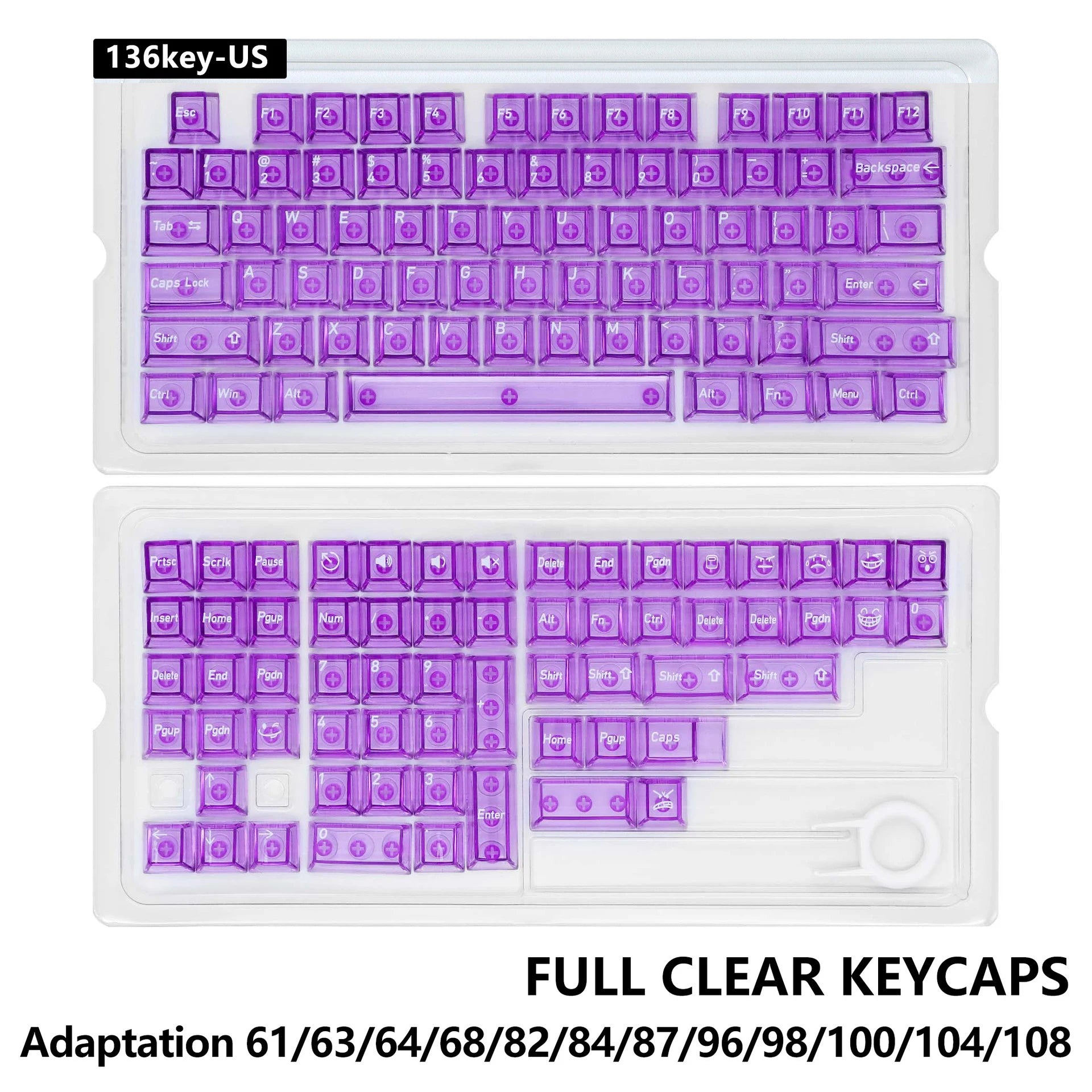 130 Keys Black Full Transparent PC Keycaps UV Printing Clear Crystal Key Caps Cherry Profile for MX Switches Gaming Keyboard