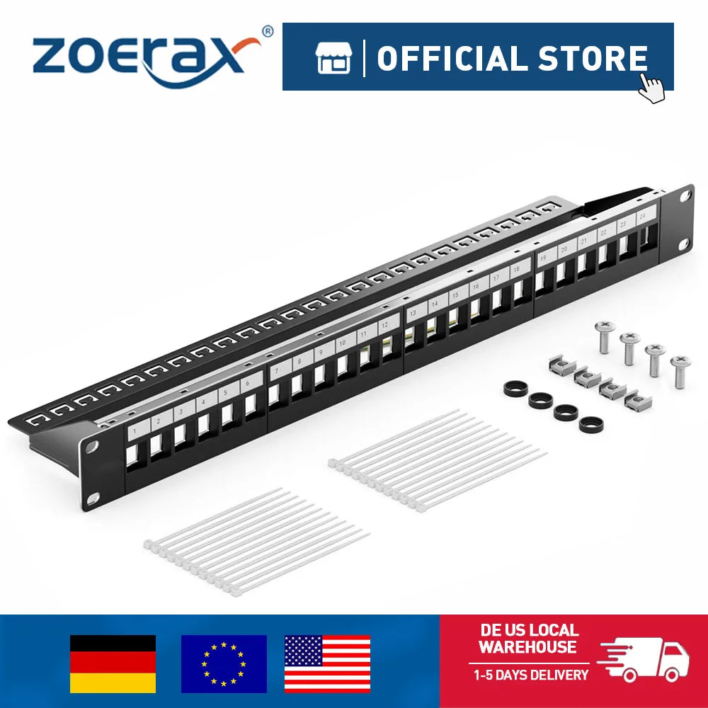 ZoeRax 24Port RJ45 Shielded Patch Panel Network Patch Panel 19 Inch, Ethernet Patch Panel with Cable Management and Support Bar