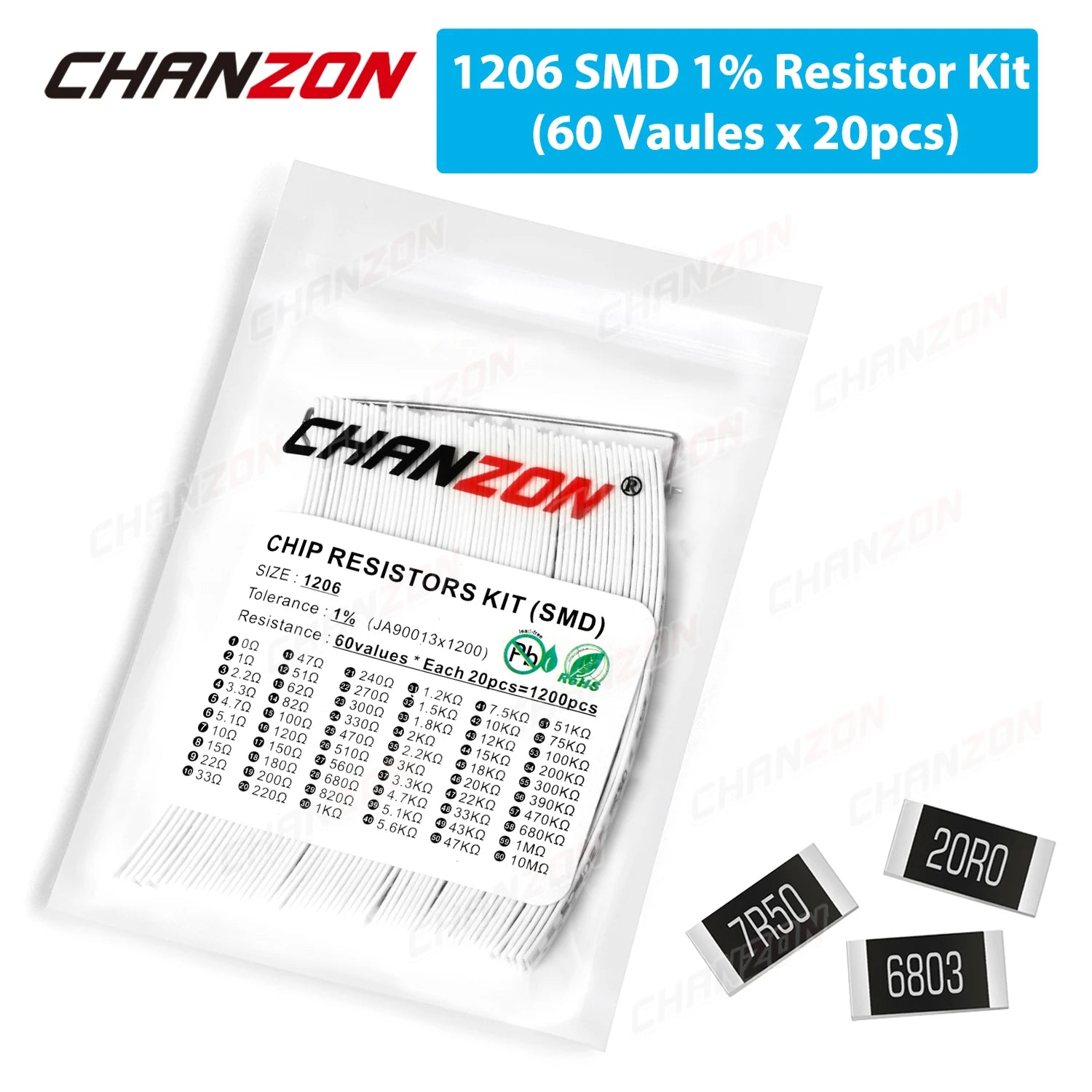 1200pcs SMD 1206 Resistors Kit 0 Ohm - 10M Ohm 1/4W Watt 1% High Precision Film Chip Resistance Assorted Set (60 Values X 20Pcs)