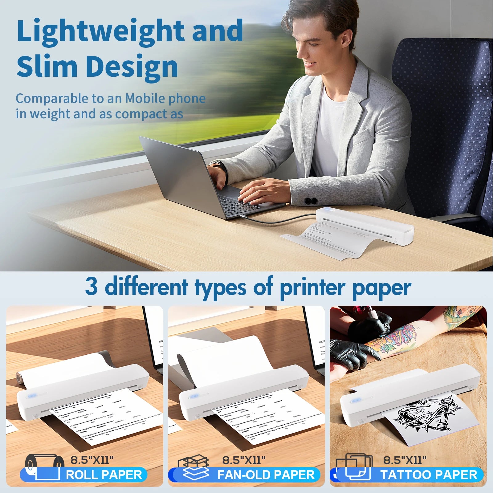 Portable Printer Wireless Inkless Thermal Printer A4 Bluetooth C80 300DPI Mobile Support Android iOS for Office Work Home School