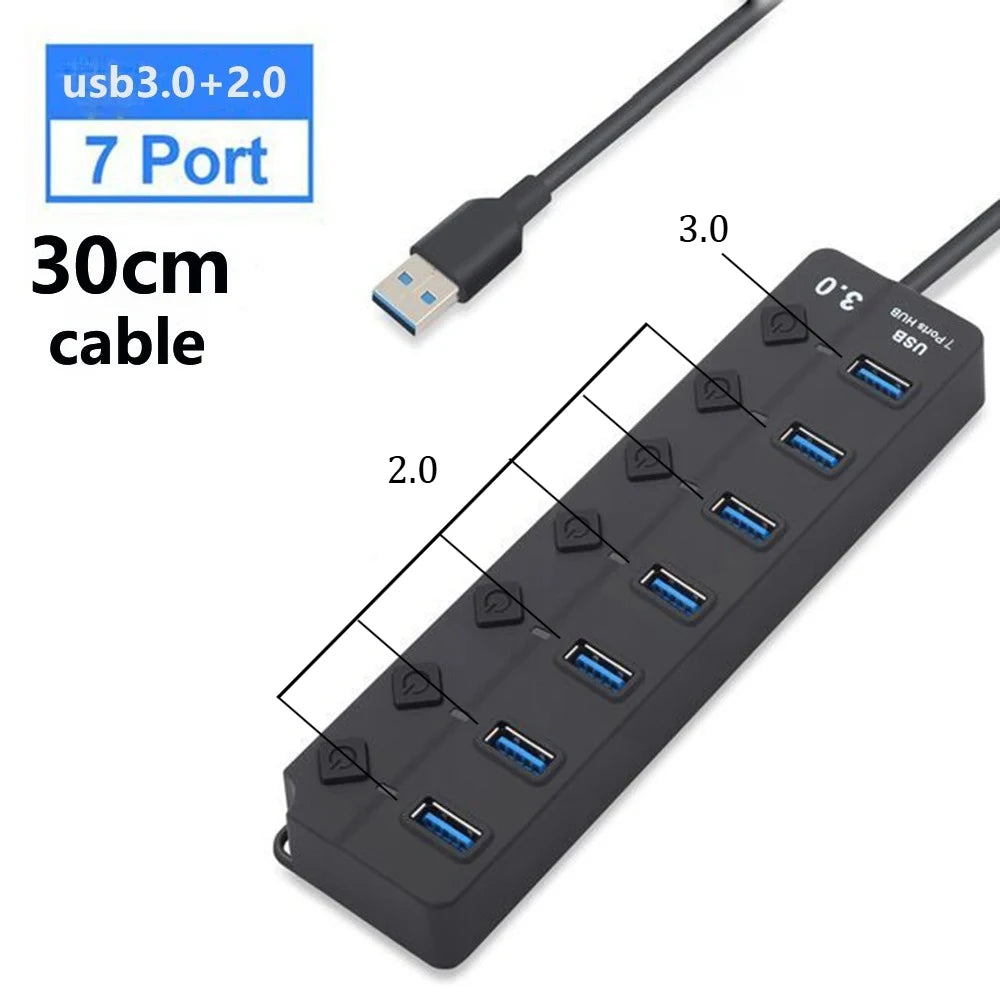 USB Hub 3.0 Multiprise USB High Speed Splitter 7 Port 5Gbps Hub Power Adapter with Switch Long Cable with Multiple Expander Hub