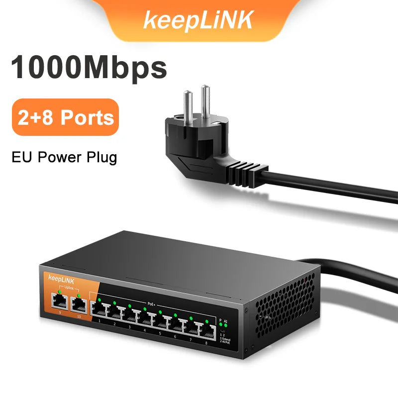 KeepLiNK 10-Port Gigabit Switch with 8-PoE and 2-RJ45 for Uplink Unmanaged Plug and Play
