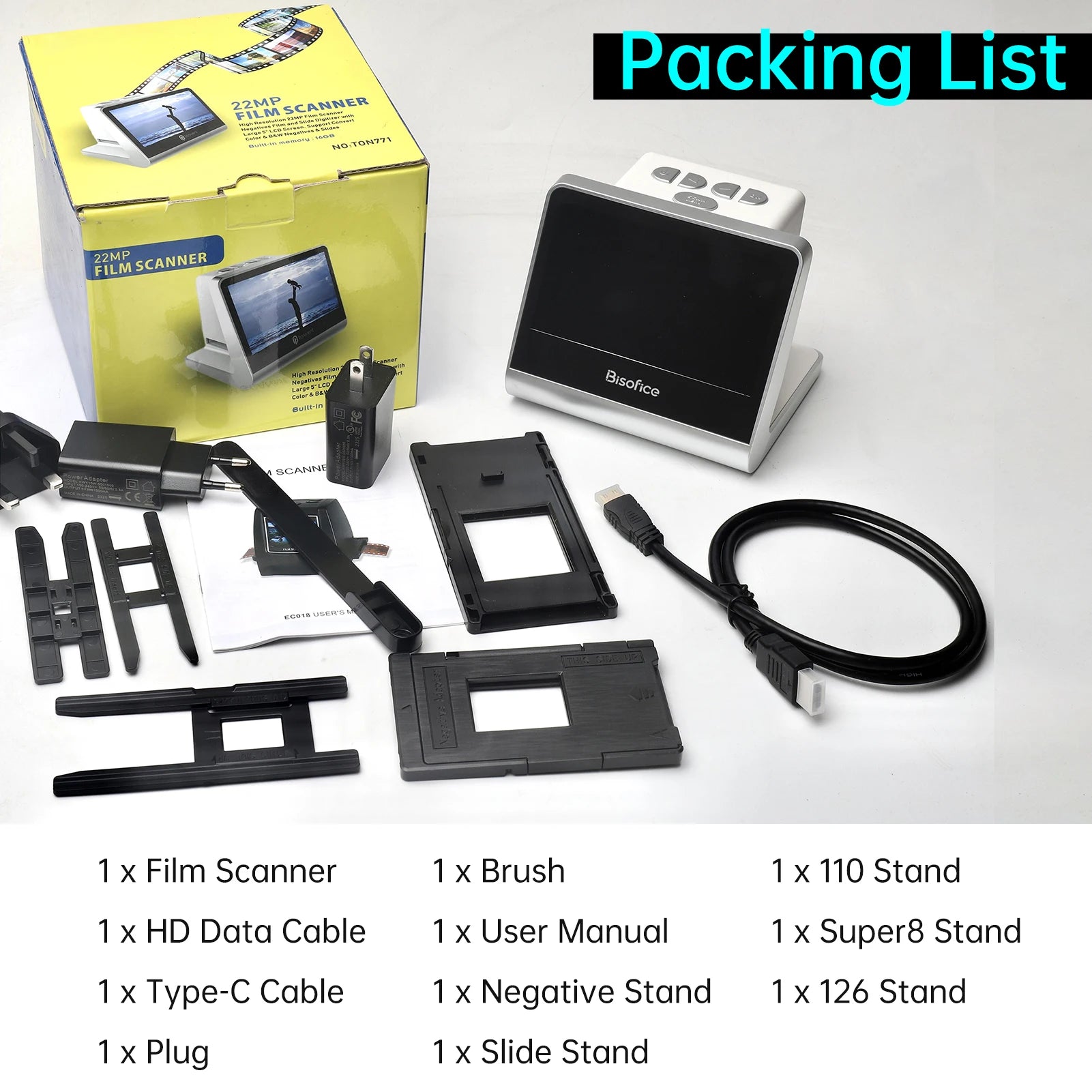 Bisofice Film and Slide Scanner 5'' LCD Screen for 135 Film/126KPK /110 Film/Super8/ Monochrome/Slide to Digital JPEG Photos