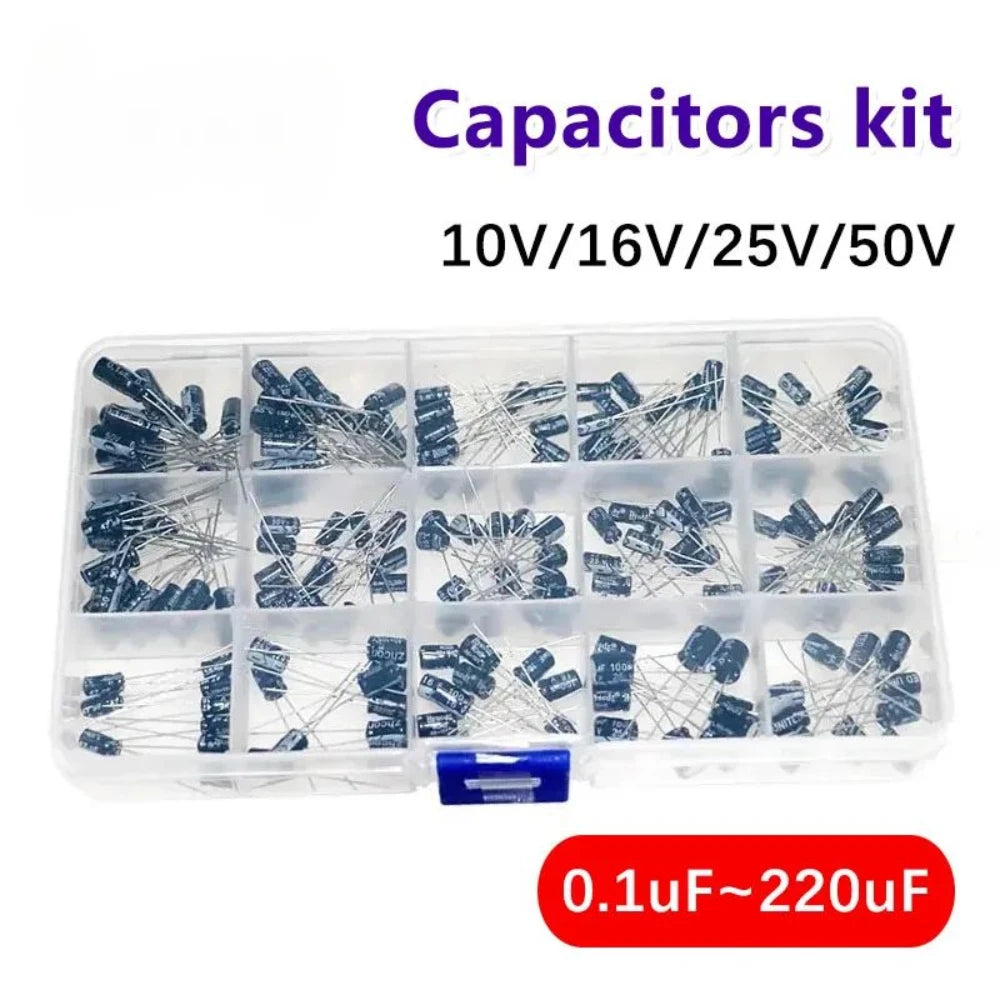 200pcs 15Values Capacitors Set 10V 16V 25V 50V 0.1uF-220uF Electrolytic Capacitor Assortment Kit 0.22uf 2.2uf 100uf