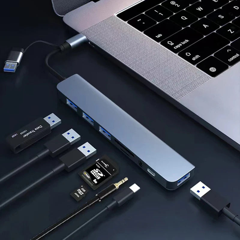 8-in-2 USB Type C Hub with 3.5mm Audio Jack, Micro SD Reader for Laptop/Tablet/Phone, Disk Converter Multi-Interface
