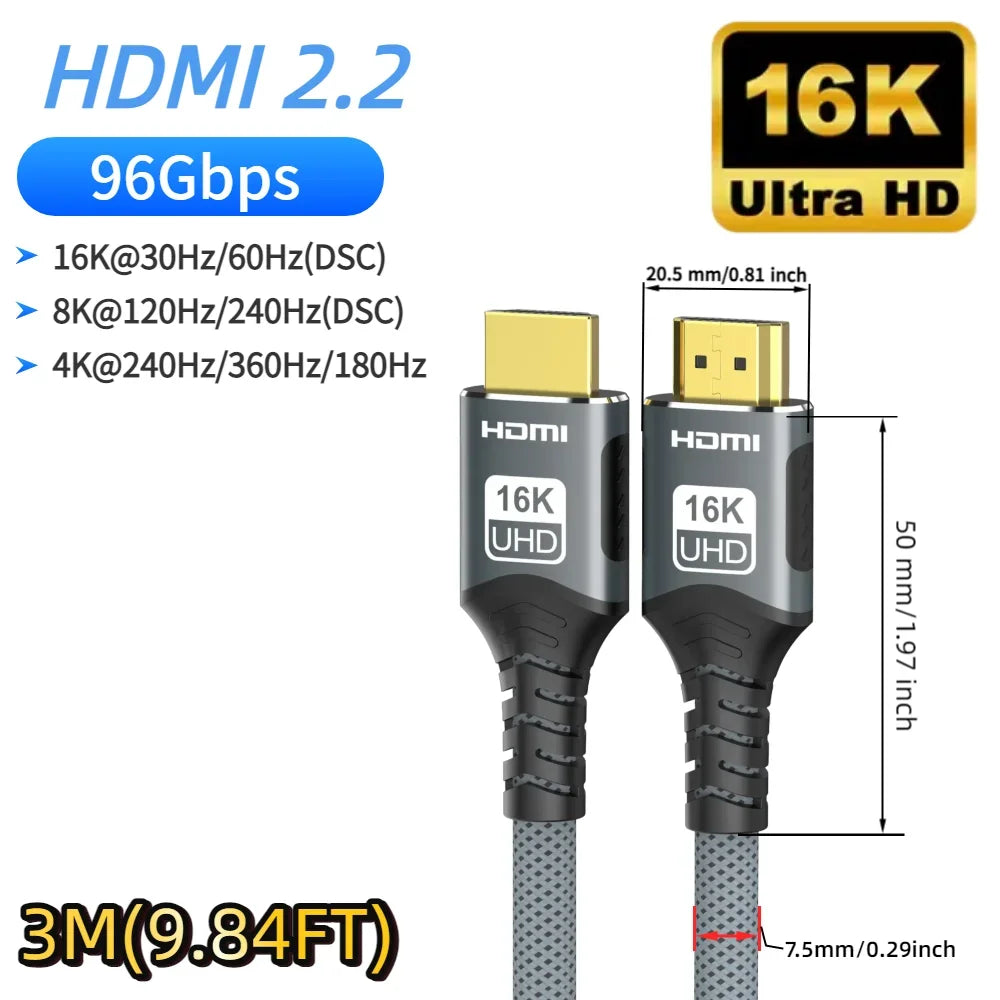 HDMI 2.2/2.1/2.0 Cable Maximum Bandwidth 96Gbps Support 8K@120Hz 4K@240Hz 2K@360Hz LIP Protocol for TV Monitor Game Console