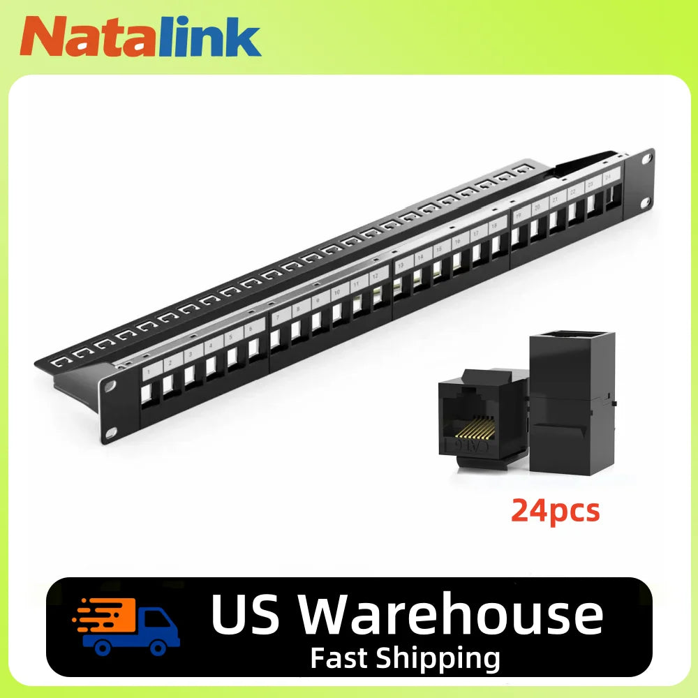 Natalink Patch Panel 24 Port Cat6 with Coupler Keystone Back Bar 19 Inch 1U Ethernet RJ45 Network Rackmount Coupler Patch Panel