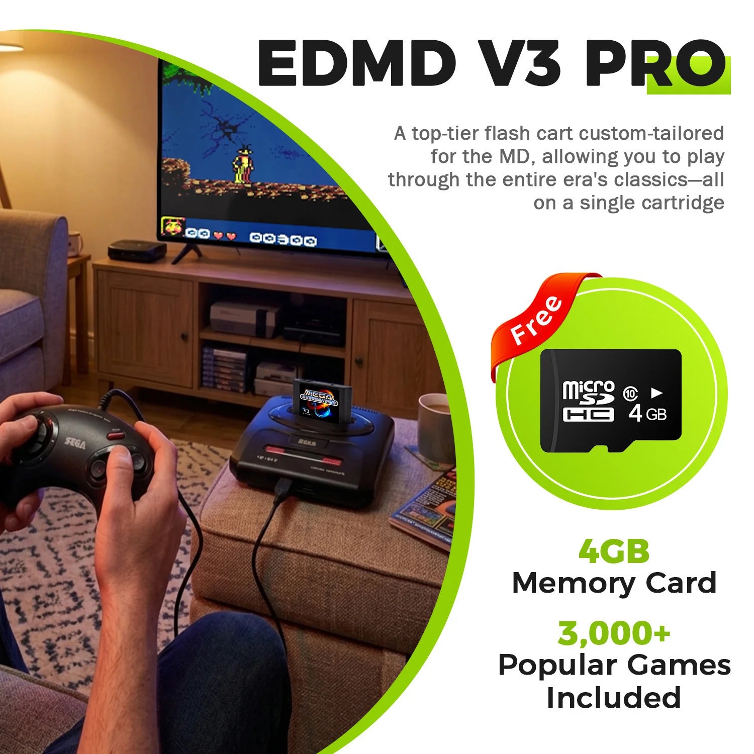 3000 in 1 MD V3 Pro Game Cartridges EDMD FlashCard For SEGA Genesis Mage Drive 16Bit Video Game Console Free With 4G TF Card