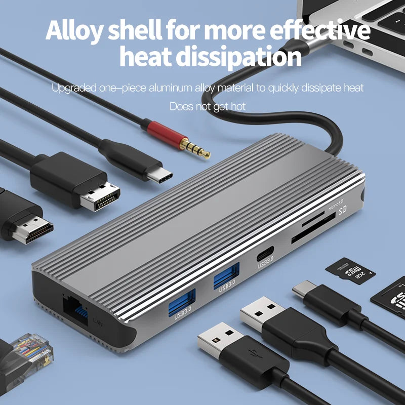 Blueendless 10 in 1 Ports Type C Adapter 4K 120Hz 8K DP Port Type C Data Transfer USB3.0 TF SD Reader Headphone Socket