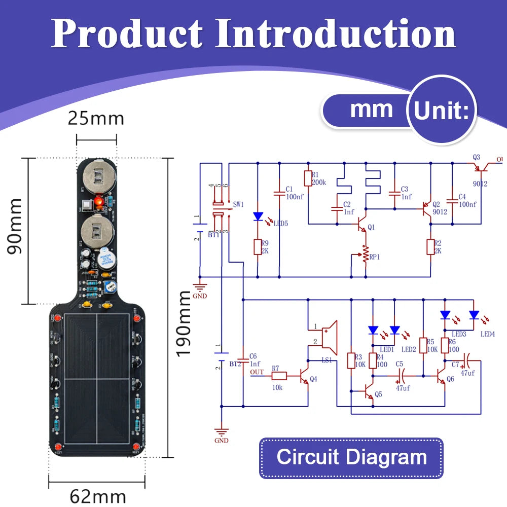 DIY Metal Detector Kit Buzzer Alarm with LED Lights Electronic Soldering Project Circuit Board Building Kit DC6V