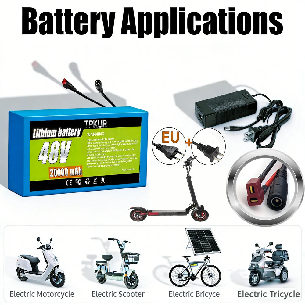 TPKUR 48V Rechargeable Lithium Battery 10Ah 12Ah 18Ah 20Ah 18650 with BMS Suitable for Electric Scoote Motor System