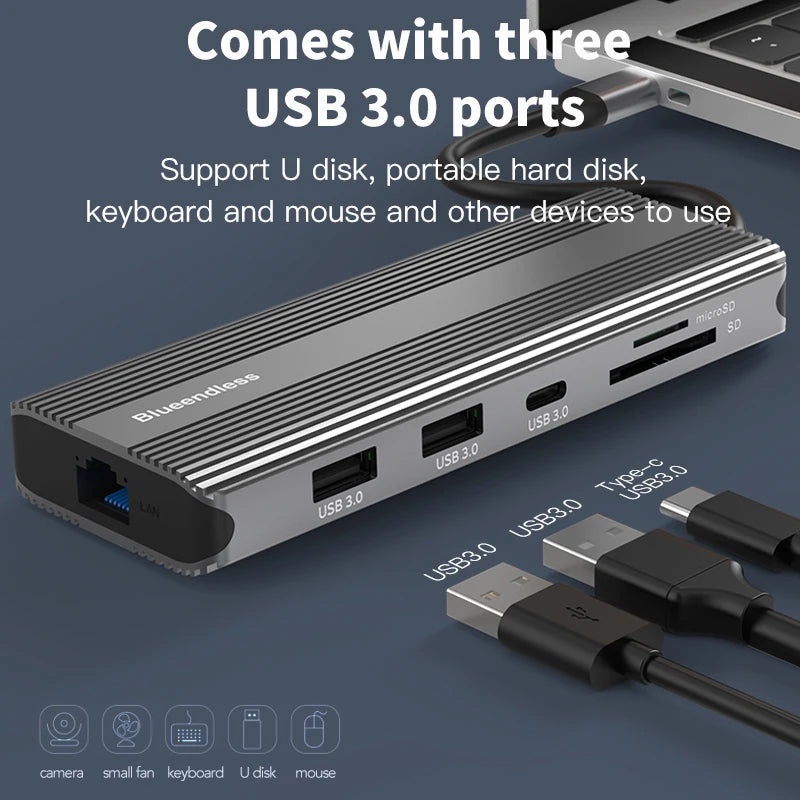 Blueendless 10 in 1 Ports Type C Adapter 4K 120Hz 8K DP Port Type C Data Transfer USB3.0 TF SD Reader Headphone Socket