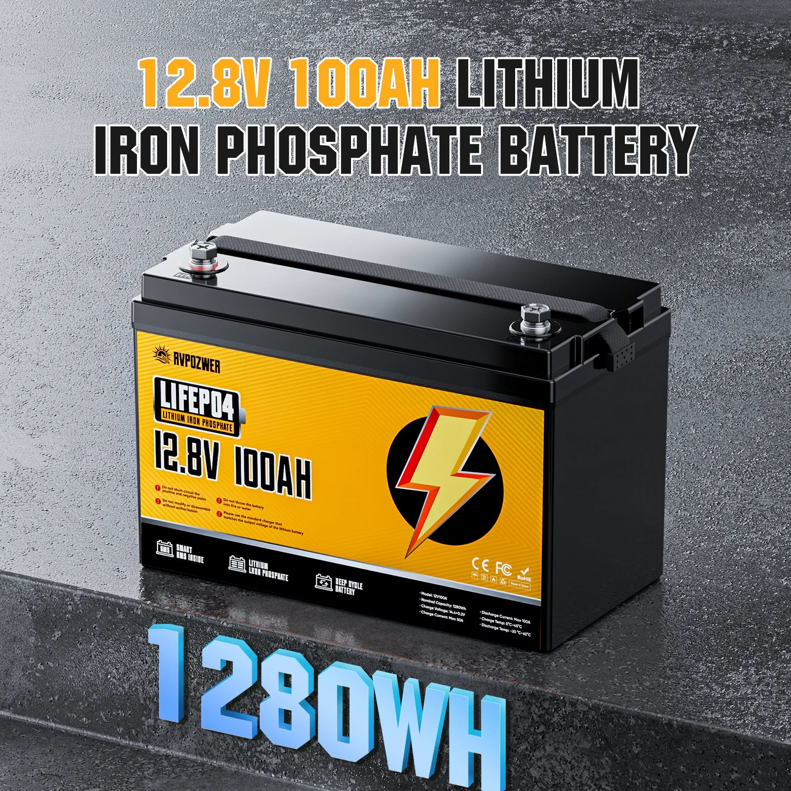 RVPOZWER 12V 100Ah LiFePO4 Lithium Battery 1280Wh 15000+ Deep Cycles RV Marine Trolling Motors Off-grid Rechargeable Batteries