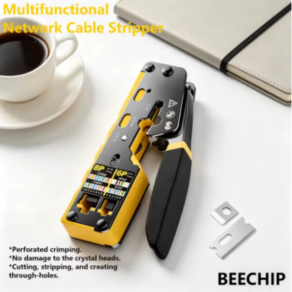 BEECHIP RJ45 Crimp Tool Pass Through Ethernet Crimping Tool for Cat6 Cat5 Cat5e RJ45 Connectors with Replacement Blade