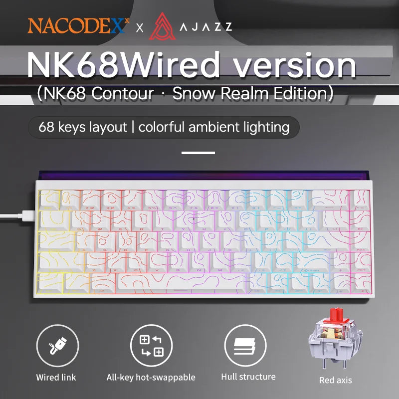 AJAZZ NK68 V2 Wired Mechanical Gaming Keyboard, Red Switch, Full Hot-Swappable, RGB Streamer Light, 68 Keys for Gaming & Office