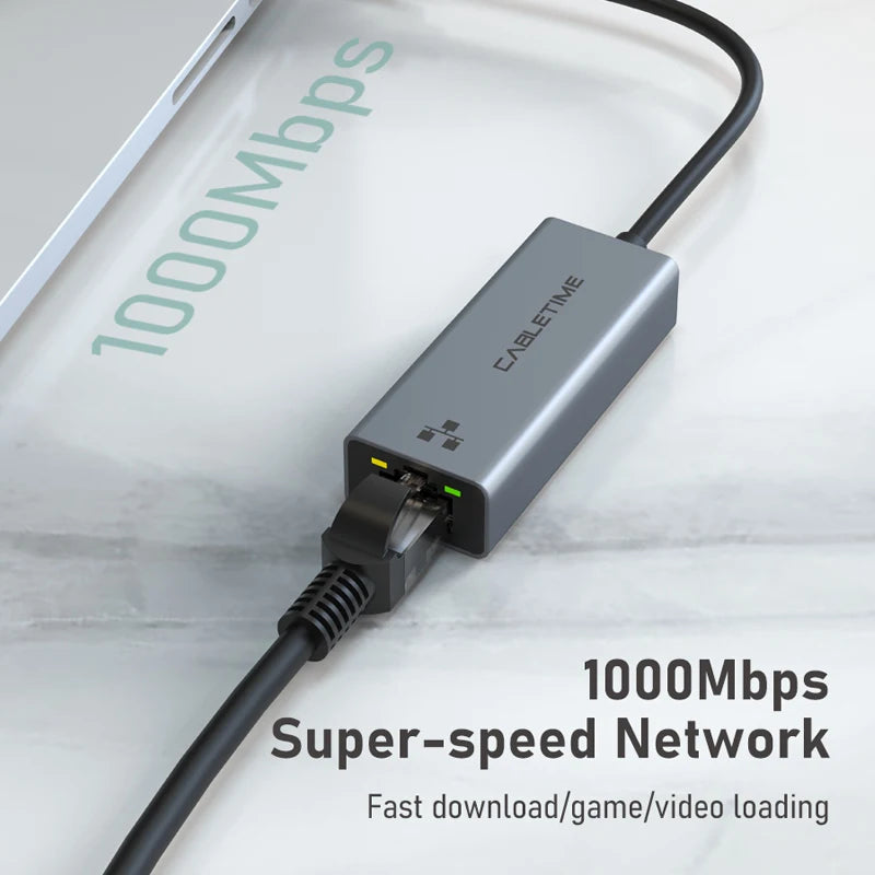 CABLETIME USB A Ethernet Adapter 100/1000 Mbps USB 3.0 RJ45 Network Card RJ45 Adapter for Macbook Laptop Internet Adapter