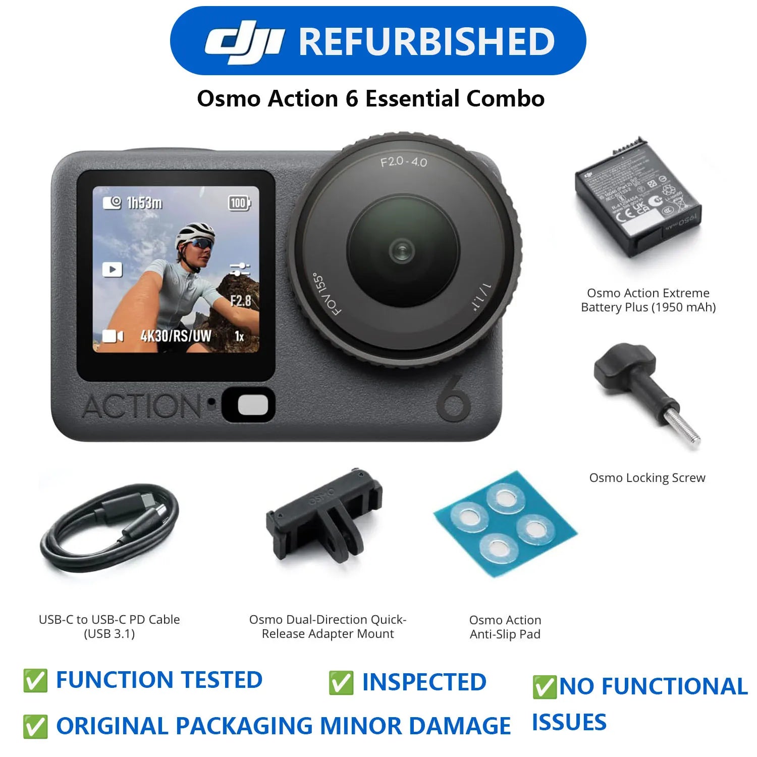 Open Box-DJI Osmo Action 4,Action 5,Action 6 Combo 8K Action Camera 1/1.1" Square Sensor Variable Aperture F/2.0-f/4.0 Rocksteady 3.0 Cold-Resistant 4hrs Battery 50GB Storage Vlogging Camera