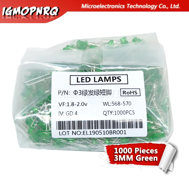 1000pcs blue green red yellow white 3mm led light-emitting diodes