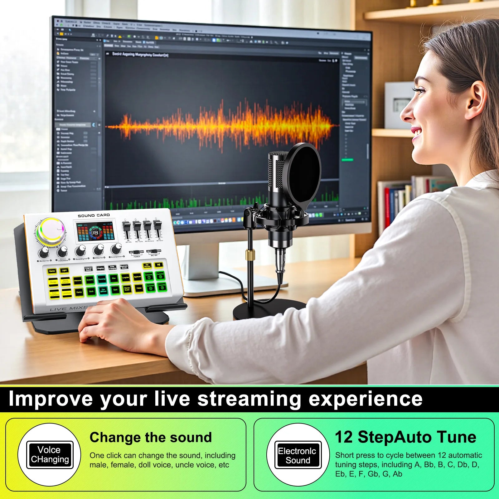 Tenlamp Y300-P15B Professional Podcast Equipment Bundle Kit for 4 People, Studio Sound Card with 3.5mm Condenser Mic  for PC Smartphone Laptop Computer , Live Audio Mixer Voice Changer for Streaming Singing Gaming Recording V