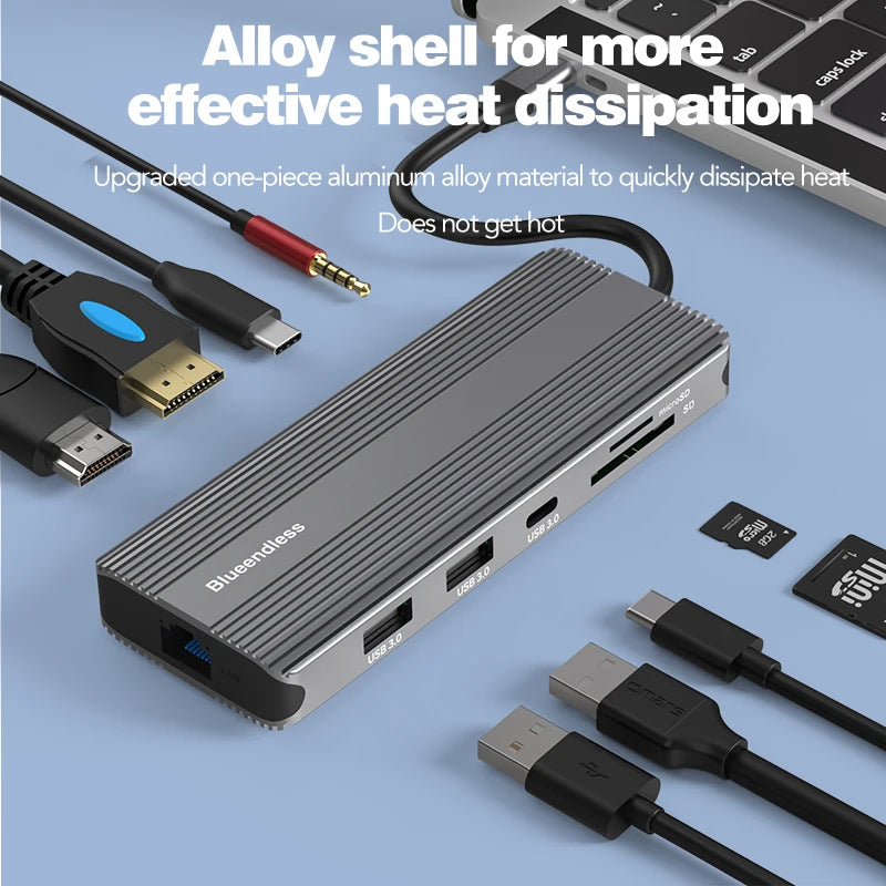 Blueendless 10 in 1 Ports Type C Adapter 4K 120Hz 8K DP Port Type C Data Transfer USB3.0 TF SD Reader Headphone Socket