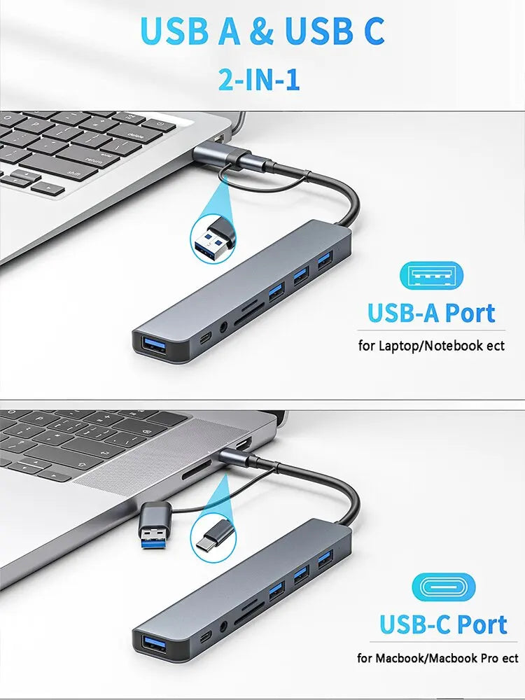 8in1 USB C Hub 4 USB Ports 1 USB-C Jack TF/SD Card Reader 3.5mm Audio Output for MacBook Pro iPad Pro iPhone 15 Laptop
